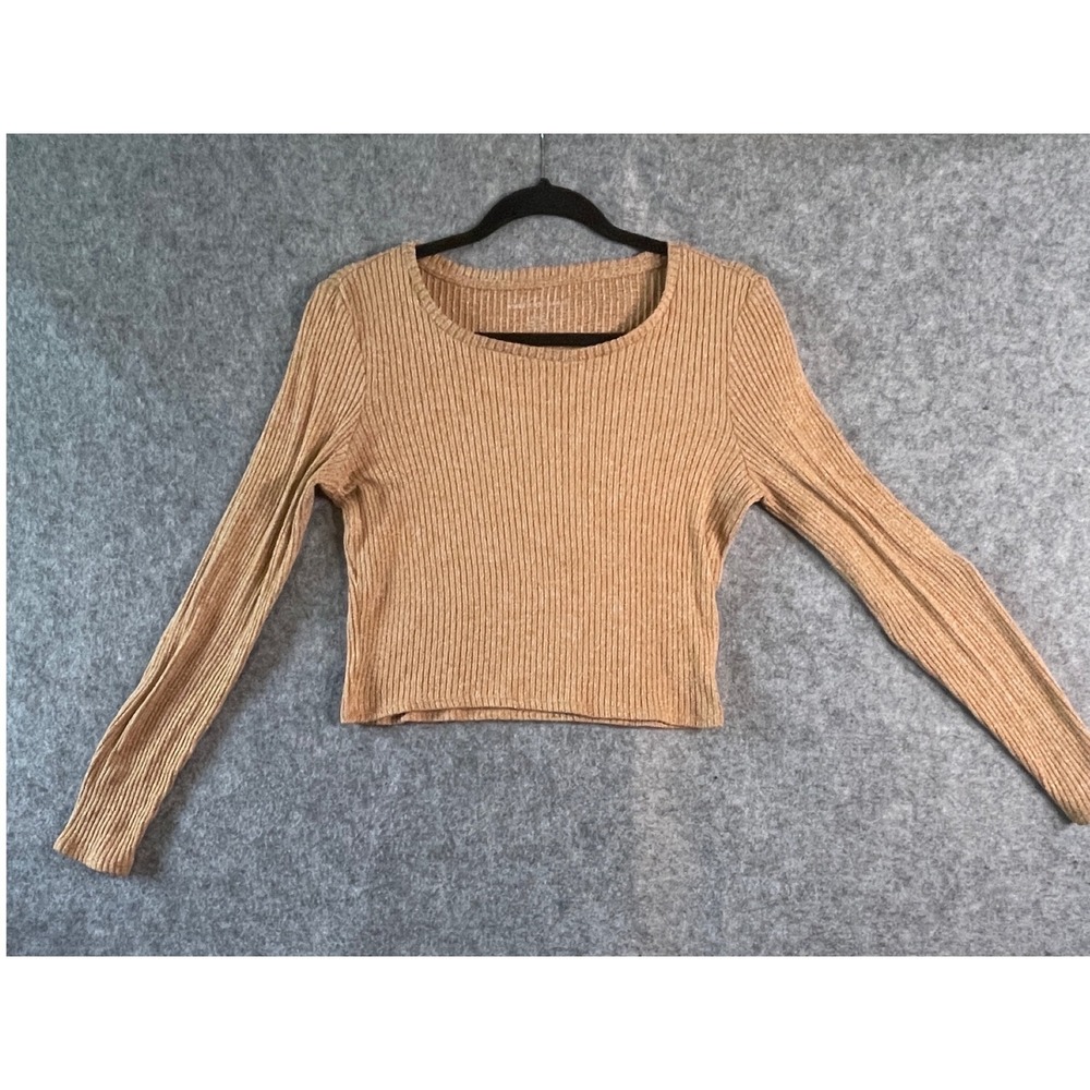 American Eagle Womens‎ Ribbed Long Sleeve Crop Top Tan Marled Crew Neck Size M